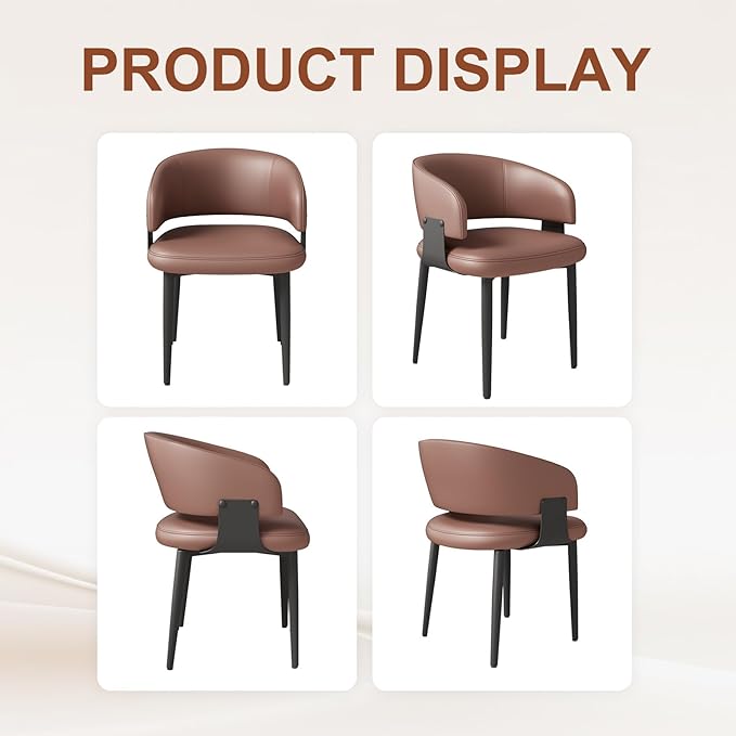 Modern Dining Chairs Set of 6, Faux Leather Upholstered Kitchen Chairs with Curved Back and Metal Legs, Mid Century Chairs for Dining Room, Kitchen, or Café (Brown)
