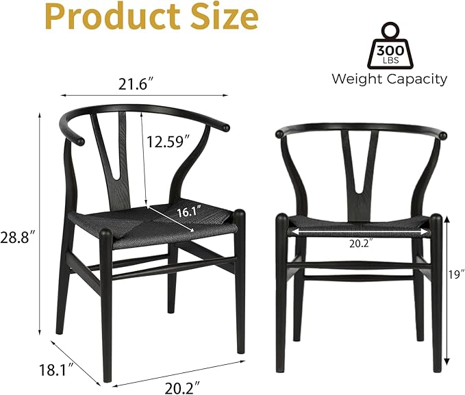 Wishbone Chair, Solid Wood Armrest Woven Seat Chair, Kitchen & Dining Chair, Wishbone Y Black Chairs - Set of 1 (Ash Wood - Black)