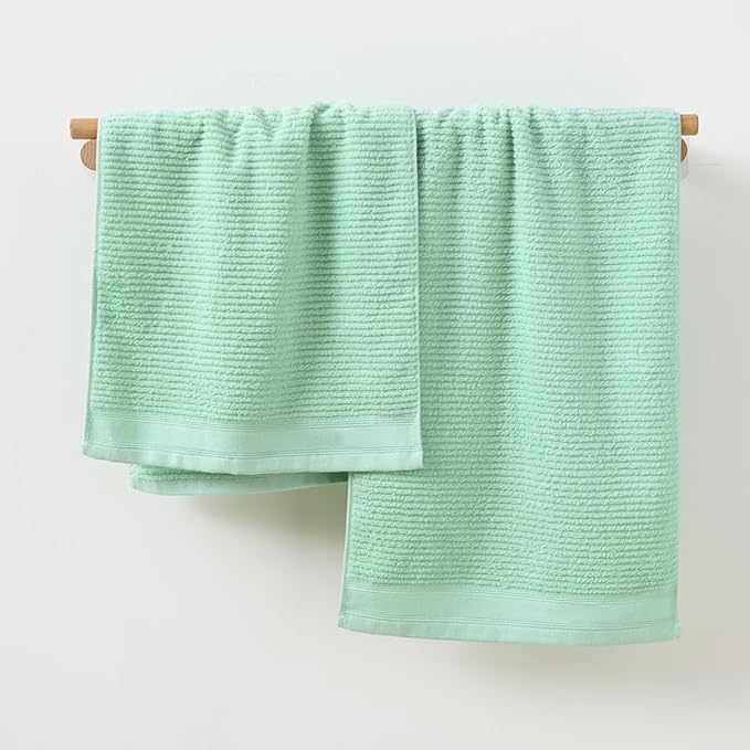 YiLUOMO Ribbed Striped Hand Towel Set of 2 Soft and Absorbent 100% Cotton Bathroom Hand Towel Decorative 13 x 29 Inch (Green)
