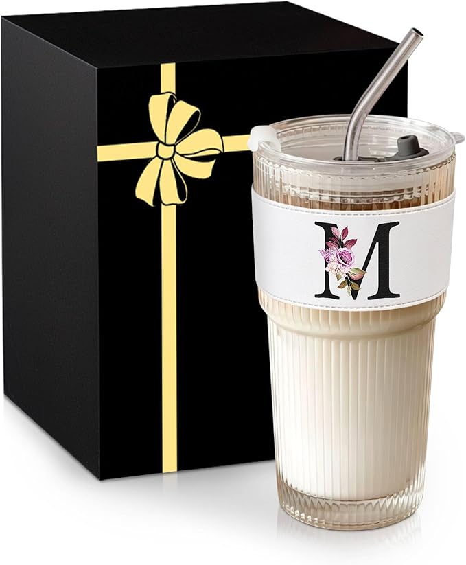 MNZZ Monogram Glass Cup with Lid Straw Ribbed Ice Tea Coffee Matcha Latte Clear Tumbler Regalos Mujer Vasos Asthetic Special Personalized Gift Mother Vidrio Day Mama Mommy Bonus Best Mom Ever Cute M