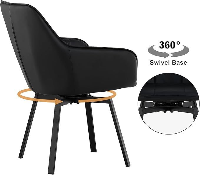 TUKAILAi Swivel Dining Chairs Set of 4, Faux Leather Upholstered Mid Century Accent Chairs with Metal Legs, Rotatable Armchairs for Home Kitchen Restaurant (Black)