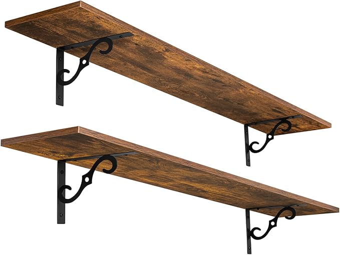 DINZI LVJ Long Wall Shelves, 55.1" Large Floating Shelves Set of 2, Farmhouse Display Shelf Wall Mounted with Heavy Duty Brackets, Easy Assembly for Kitchen, Bathroom, Bedroom, Balcony, Rustic Brown