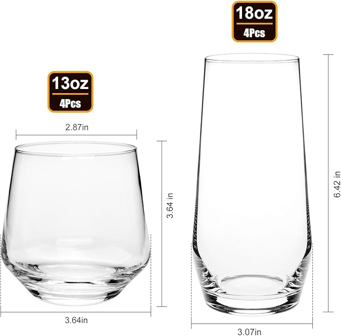 Drinking Glasses Set, 4 Highball Glasses 18 oz & 4 Stemless Rocks Glasses 13 oz,Glass Cups,Glassware Sets for Cocktail, Beer, Wine, Whiskey, Water & Juice Drinkware