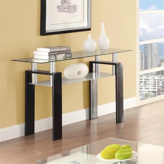 BOWERY HILL 48" Contemporary Glass Top Console Table in Black and Chrome