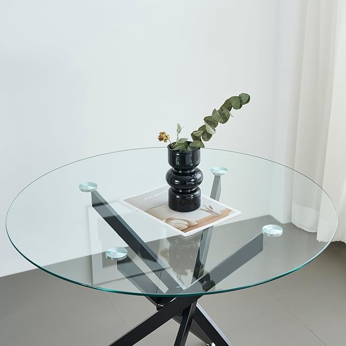 36" Round Glass Dining Room Table for 4 with Tempered Glass Top and Black Metal Legs, Modern Clear Kitchen and Dinner Table for Home Office Dining Room