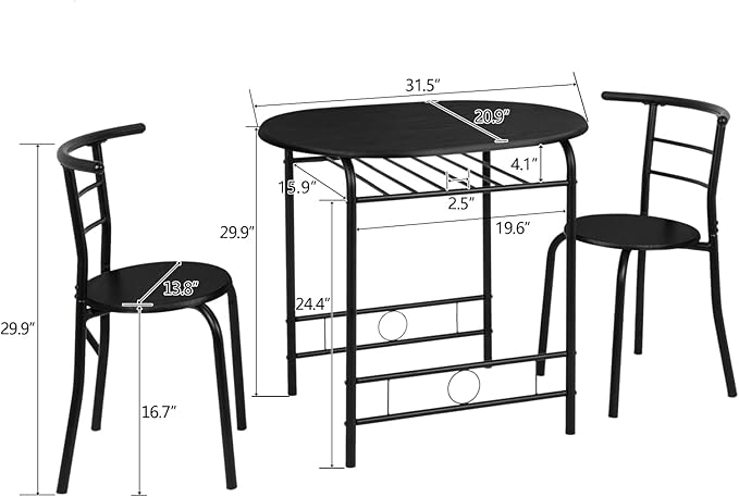 VINGLI 3 Piece Dining Set,Small Kitchen Table Set for 2,Breakfast Table Set,Kitchen Wooden Table and 2 Chairs for Small Space/Dining Room/Apartment,Metal Frame,Wine Rack,Black
