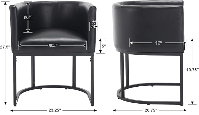 Faux Leather Dining Chairs Set of 4 Modern Barrel Arm Chairs with Black Metal Frame, Upholstered Kitchen Chairs 18.5" Wide Accent Chair for Living Room Dining Room Restaurant, Black