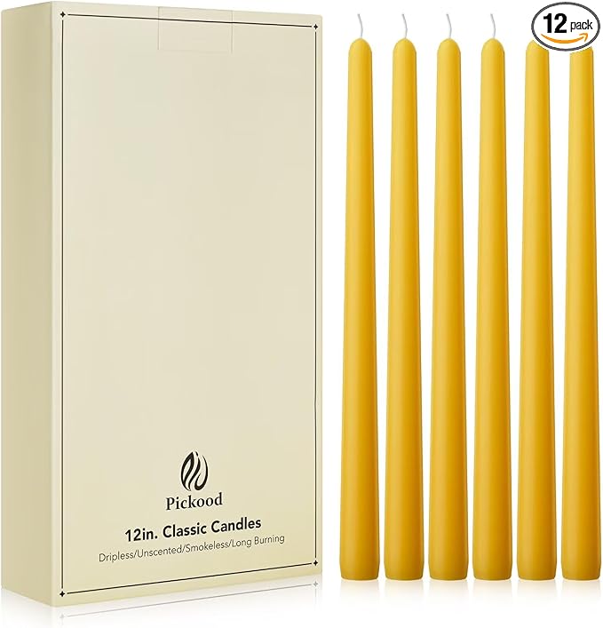 New Burning Formula Unscented Dripless 12-Inch Taper Candles Set of 12 - Lemon, for Wedding, Dinner - Smokeless, Long Burning - Hand Poured, Colored Tall Candlesticks - Limón