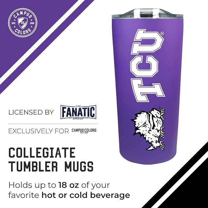 Campus Colors NCAA Stainless Steel Tumbler perfect for Gameday - 18 oz - Double Walled - Keeps Drinks Perfectly Insulated (TCU Horned Frogs - Purple)