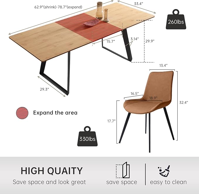 ZckyCine Expandable 8-Person Dining Table Set (63" - 79") with Modern Oak Table & 8 Brown Chairs – Ideal for Kitchens and Dining Rooms