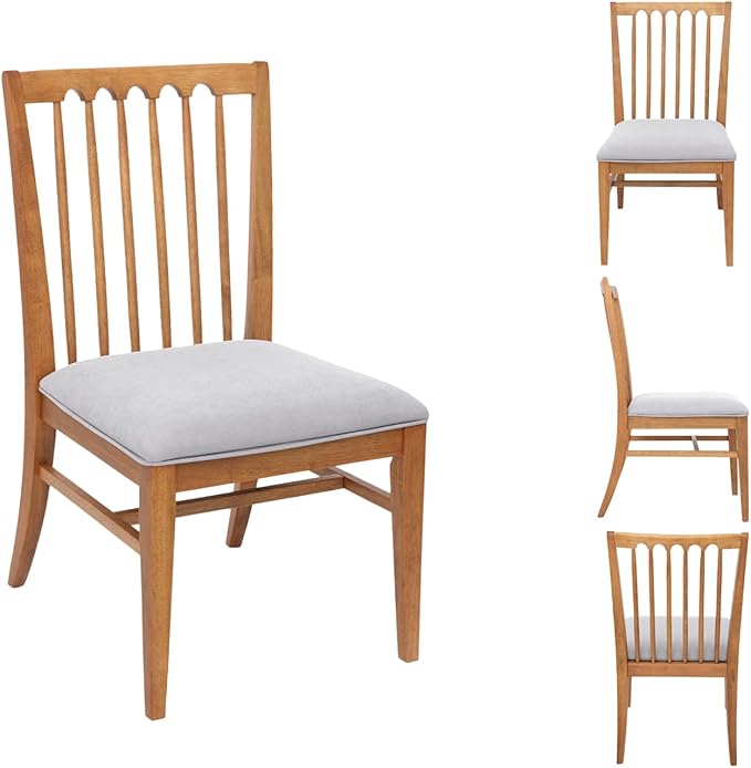 chairus Upholstered Dining Chairs Set of 4, Natural Wooden Barrel Kitchen Chairs with Slat Back Double-Layer Cushion Farmhouse Accent Chairs for Dining Room/Living Room/Restaurant, Chenille Grey