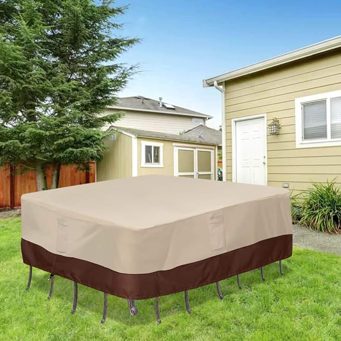 Vailge Waterproof Patio Furniture Set Cover with Padded Handles, Patio/Outdoor Table Cover, Patio/Outdoor Dining Square Table Chairs Cover(Large,Beige & Brown)
