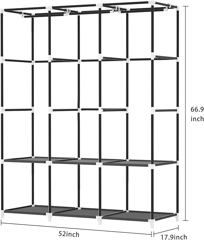 LOKEME Portable Closet, Portable Closets for Hanging Clothes with 3 Hanging Rods and 6 Storage Shelves and 4 Side Pockets, Black Wardrobe Closet Easy to Assemble and Strong and Stable