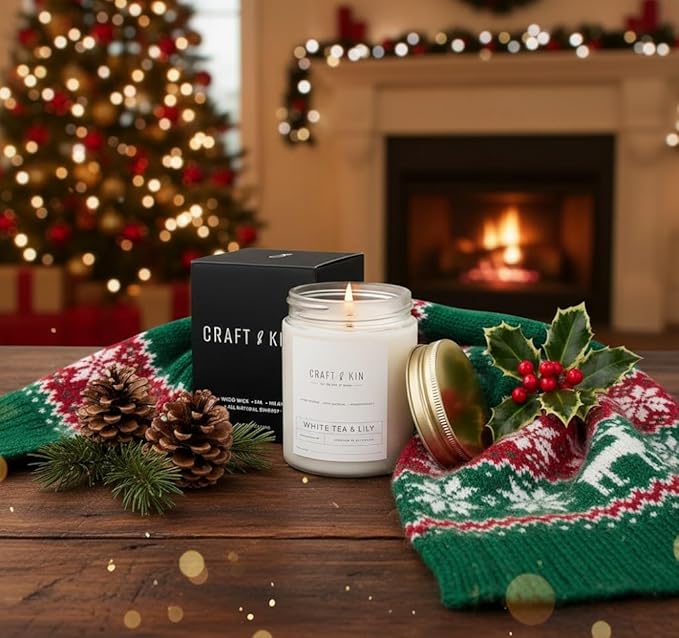 Craft & Kin White Tea & Lily Christmas Scented Candle | 8 Oz 45 Hour Long Lasting | Classic Soy Scented Woodwick Holiday Candles | Made with Natural Soy | Winter Candles Gifts for Men and Women