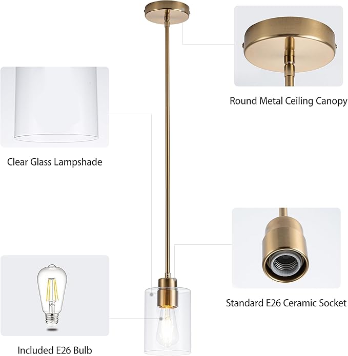 MAYNA 1-Pack Brushed Brass Drop Light, Modern Mid Century Cylinder Pendant with Bulb, Adjustable Rods Gold Finish Ceiling Lamp for Bedroom, Living Room Corner