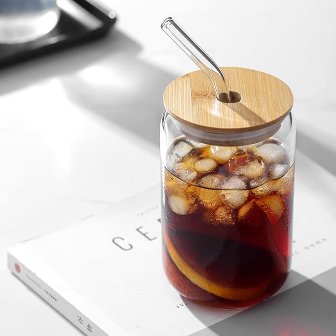 Drinking Glasses with Bamboo Lids and Glass Straw 2PCS Set, 16oz Glass Cups with Lids and Straws, Beer, Iced Coffee Glasses, Soda, Gift 1 Cleaning Brushes