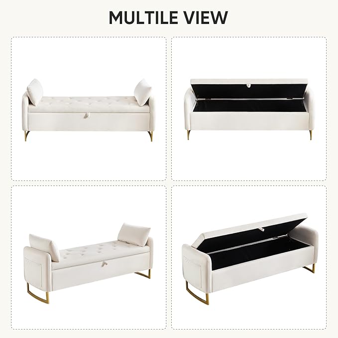 65" End of Bed Storage Bench King Size, Storage Ottoman Bench with Tufted Button Upholstered and Gold Legs, Bedroom Benches with Armrests for Living Room Window and Entryway, Beige