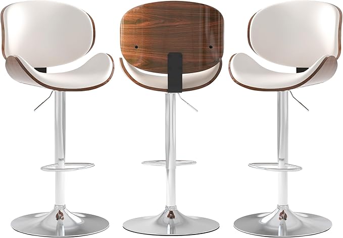 Adjustable Swivel Bar Stools Set of 3, Modern Bentwood Barstool with Large Metal Base and Footrest, PU Leather Upholstered Bar Chair with Curved Back for Kitchen Island Dining Room, White