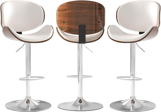 Adjustable Swivel Bar Stools Set of 3, Modern Bentwood Barstool with Large Metal Base and Footrest, PU Leather Upholstered Bar Chair with Curved Back for Kitchen Island Dining Room, White