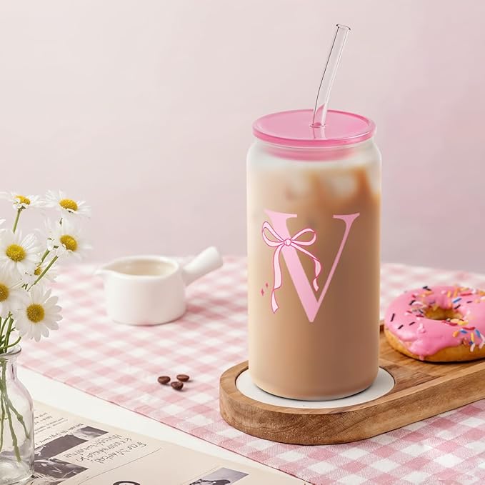 SANDJEST Monogrammed Glass Drinking Can Cup with Acrylic Lid and Straw, Personalized Frosted Iced Coffee Tumbler 16oz, Monogram Initial Gifts for Women Girls on Birthday (V)