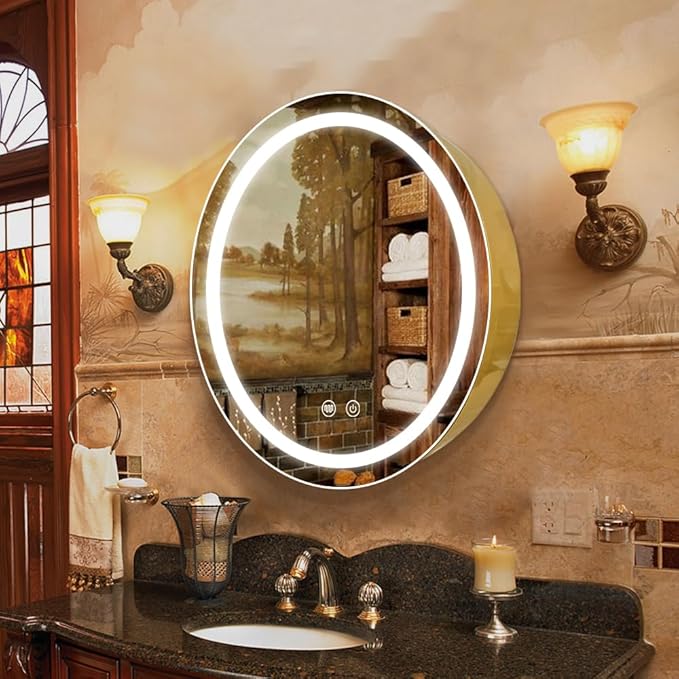 26inch Round Medicine Cabinet with Lights,Led Medicine Cabinet with Defogger,Illuminated Mirror Cabinet for Bathroom,Dimmable,Anti-Fog,3 Colors,Surface Mount only,Gold