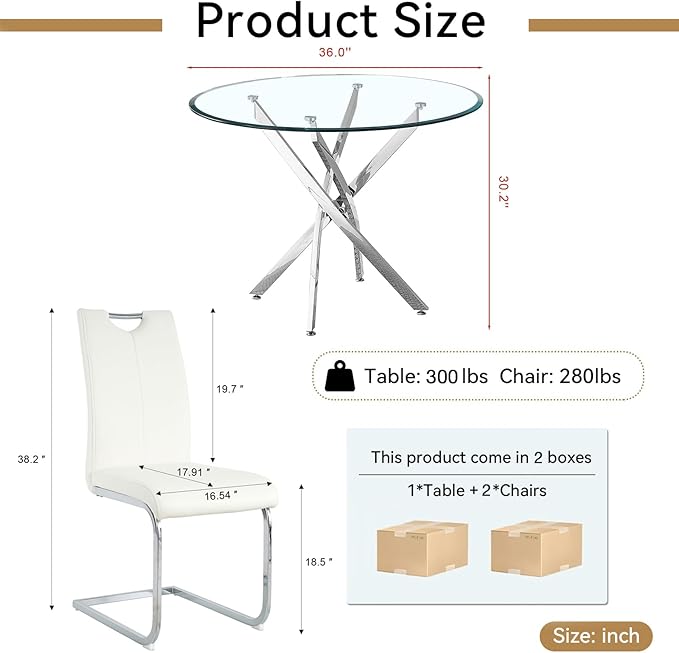 Goujxcy 3 Pieces Round Dining Table Set for 2, Modern Silver Glass Kitchen Table and Chairs for 2 with Upholstered Chairs, Circle Coffee Dining Table Set for Small Space,Apartment,Office