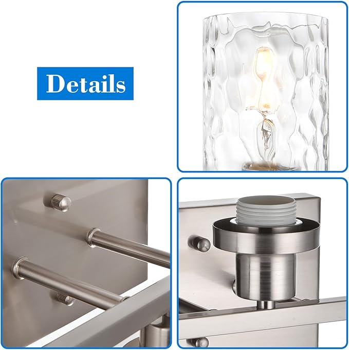 MELUCEE 6-Light Bathroom Vanity Light Brushed Nickel Finish with Clear Hammered Glass Shade, Industrial Wall Light Fixtures for Bath Mirror Bedroom Dressing Table (Patent No.: US D963914 S)