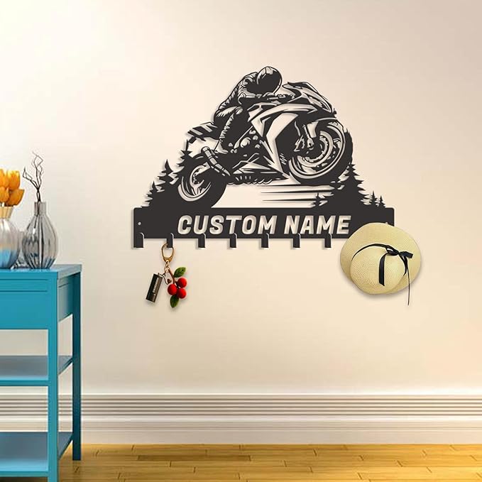 Personalized Motorcycle Metal Key Holder, Custom Last Name Metal Wall Sign, Hanging Storage Rack for Garage and Home Decor (Style-4)