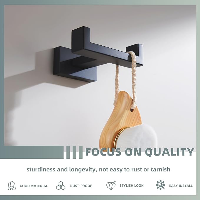 Suyar Double Towel Hook, SUS 304 Stainless Steel Coat Robe Hook for Bathroom, Hand Towel Holder, Matte Black