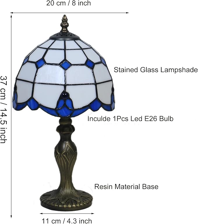 Tiffany Table Lamp, Tiffany Style Stained Glass Lamp, 8 Inch Small Antique Bedside Lamp, for Nightstand Bedroom Living Room Home Office, Blue, Include LED Bulb