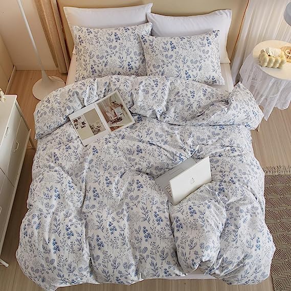 LifeTB Cotton Floral Duvet Cover Twin XL White Blue Floral Print Bedding Sets Vintage Boho Floral Comforter Cover Cottagecore Bedding Set Aesthetic Botanical Flower Duvet Cover with Zipper Closure