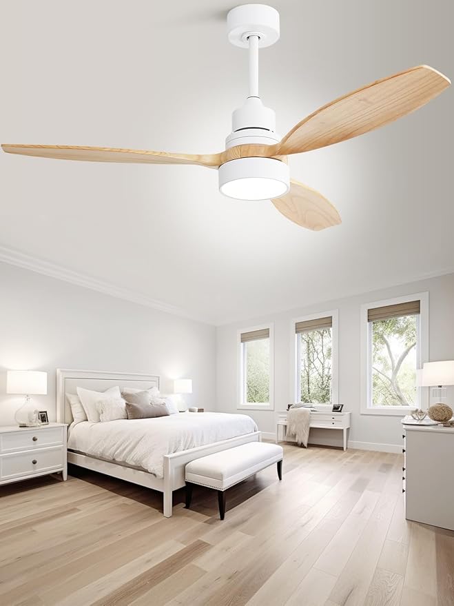 Sofucor Ceiling Fan with Lights, 52 Inch Mordern Wood Ceiling Fan with Remote for Indoor Farmhouse Bedroom Living Room Outdoor Patio Porch, Reversible DC Motor, Noiseless