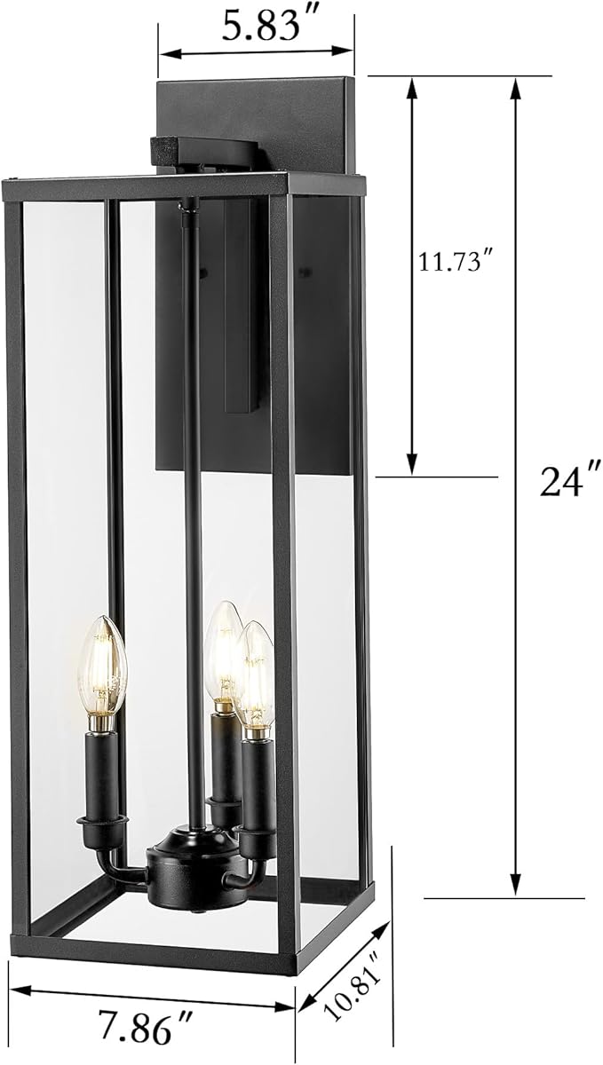 Bestshared Outdoor Wall Lantern Light, 24 Inch Tall Large Wall Sconce Clear Glass, Anti-Rust Modern Black Outside Lantern Lamp for House Front Porch Doorway Patio