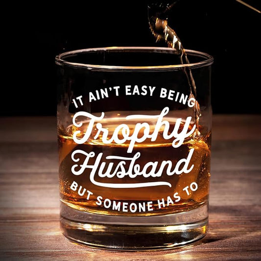 DOPTIKA Christmas Birthday Gifts For Him, 11 Oz Novelty Old Fashioned Glass, Anniversary Husband Gift From Wife, Bourbon Gifts For Men, It Ain't Easy Being A Trophy Husband Whiskey Glass