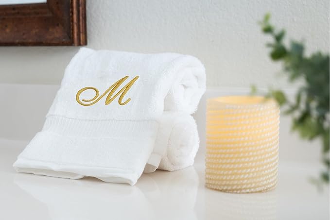 White Monogrammed Hand Towels for Bathroom - Luxury Hotel Quality Personalized Initial Embroidered Towel for Powder Room, Spa - GOTS Organic Certified - Pack of 2 Gold, Letter M