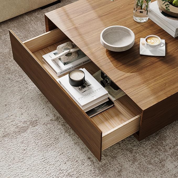 POVISON Modern Square Coffee Table with Storage, 39.37" Wood Coffee Table for Living Room Home Office, Fully-Assembled Walnut