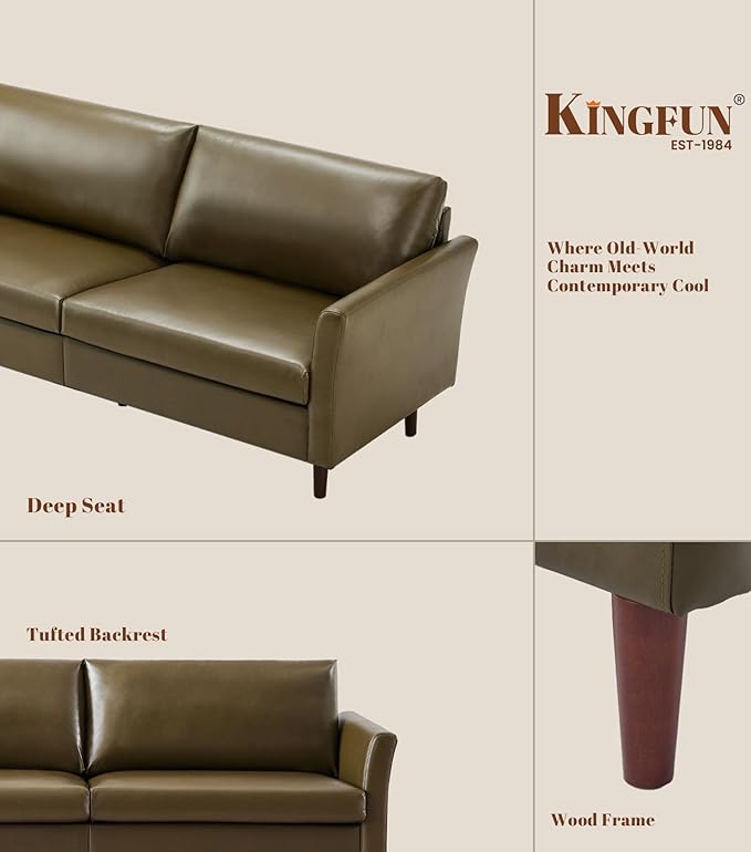 Kingfun Faux Leather 3 Seat Couch Set for Living Room, Mid Century Modern Sofa with Rolled Arms and Deep Seats, Fluffy Comfort for Apartment, Easy to Assemble, Olive Green