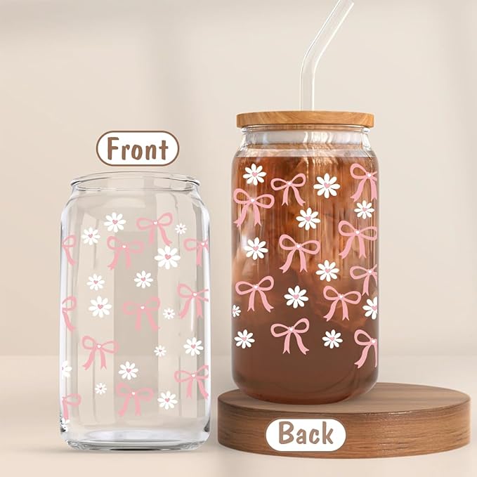 Pink Bow cup 16oz Glass Cups with Lids and Straws, Daisy Aesthetic Coffee Glass Cup, Pink Cute Drinking Glasses for Women Friend Sister Her Coffee Lover, Pink Party Supplies