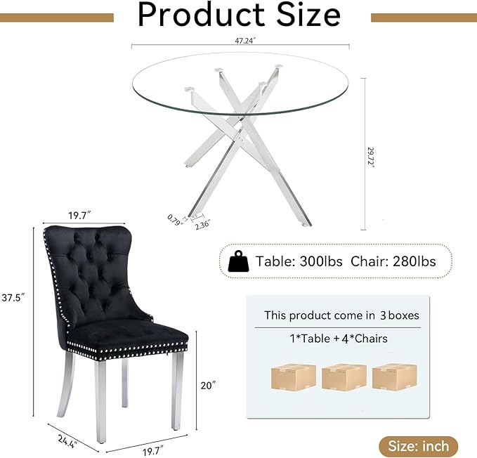Goujxcy 5 Piece Round Glass Dining Table Set for 4, 47" Round Dining Table & Chair Set Modern Circle Glass Kitchen Table and 4 Velvet Upholstered Chairs for Kitchen Dining (Silver Table & Black Chair)