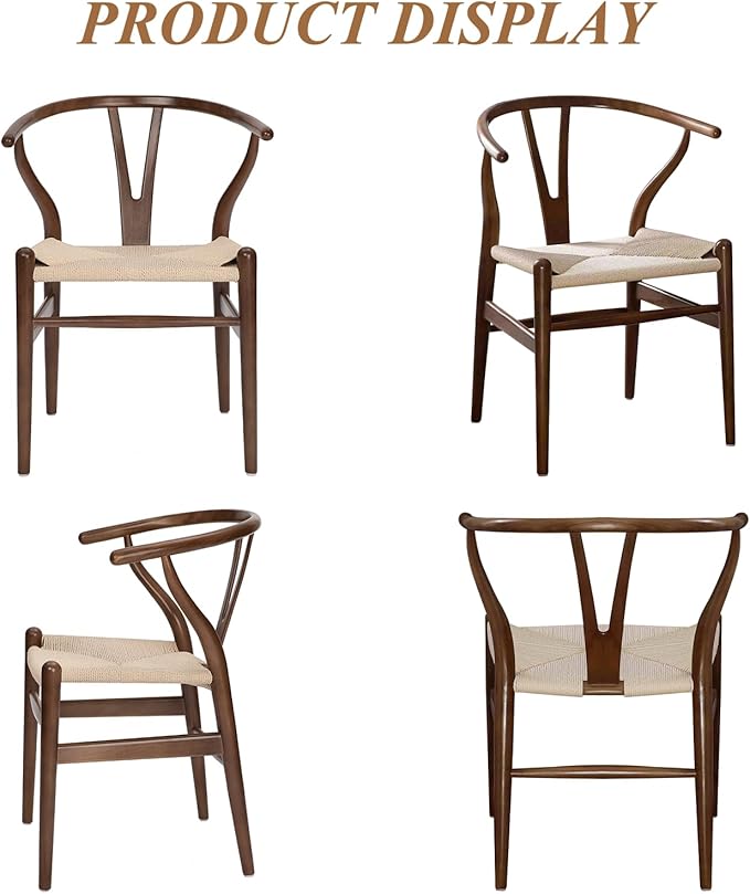 Wishbone Chair Natural Solid Wood Dining Chair/Hans Vegner Y Chair Rattan and Wood Accent Armrest Chairs Set of 4 (Ash Wood - Walnut)