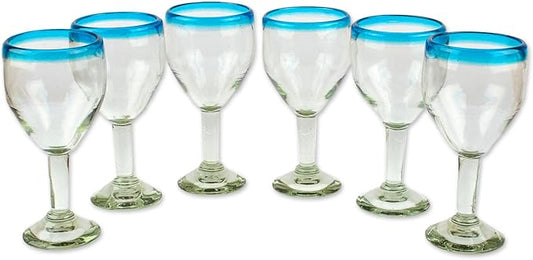 NOVICA Artisan Handblown Glass Wine Glasses Clear with Aqua Rim 8 Oz Set of 6 Blue Mexico Tableware Drinkware Recycled Eco Friendly [ 7.75in H x 3.7in Diam. 11 Oz.] ' Aquamarine Kiss' Set of 6