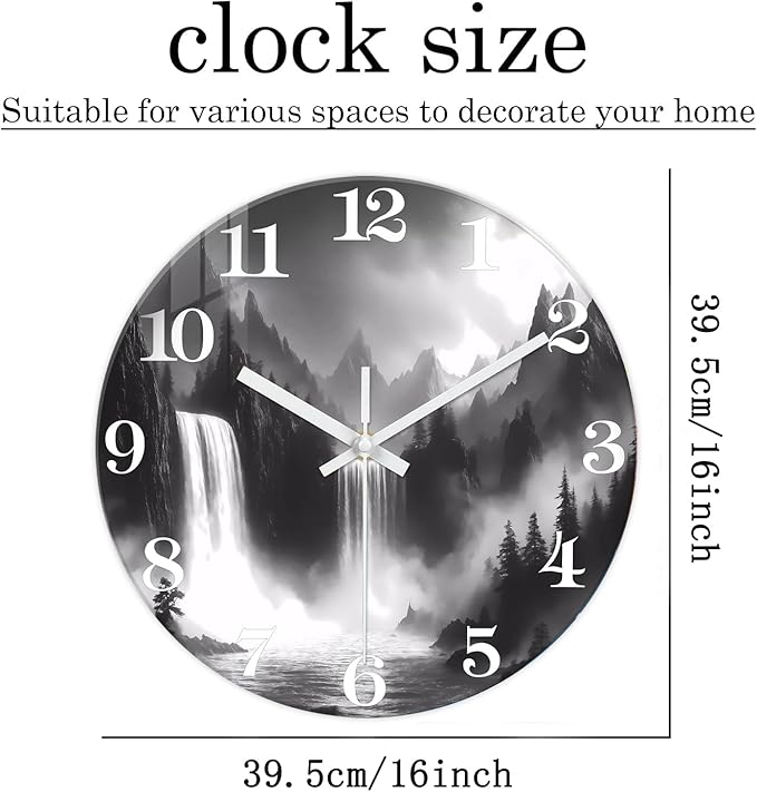 XNM Black and White Clock Battery Operated 16 Inch Landscape Big Wall Clocks for Living Room Decor Round Non Ticking Wall Clock Silent