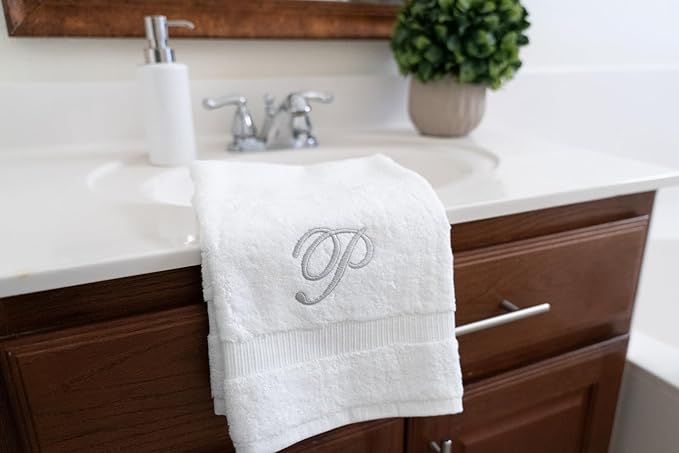 White Monogrammed Hand Towels for Bathroom - Luxury Hotel Quality Personalized Initial Embroidered Towel for Powder Room, Spa - GOTS Organic Certified - Set of 2 Silver Letter P