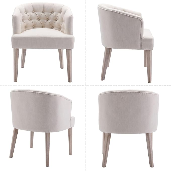 DUOMAY Modern Tufted Dining Chairs Set of 8, Linen Upholstered Side Chair, Comfy Accent Barrel Chair with Wood Legs for Home Kitchen Dining Room Living Room Restaurant, White
