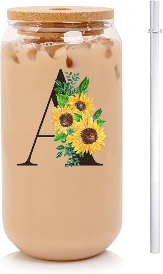 Initial Glass Cups Sunflower with Bamboo Lids and Straws,16oz Iced Coffee Mug Tumbler,Monogrammed Birthday Gifts Mother's Day Sunflower Gifts for Women,Mom,Friend,Sister