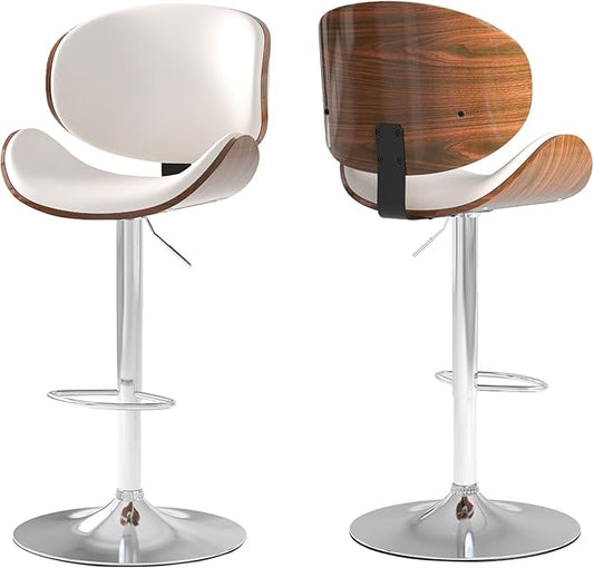 Adjustable Swivel Bar Stools Set of 2, Modern Bentwood Barstool with Large Metal Base and Footrest, PU Leather Upholstered Bar Chair with Curved Back for Kitchen Island Dining Room, White