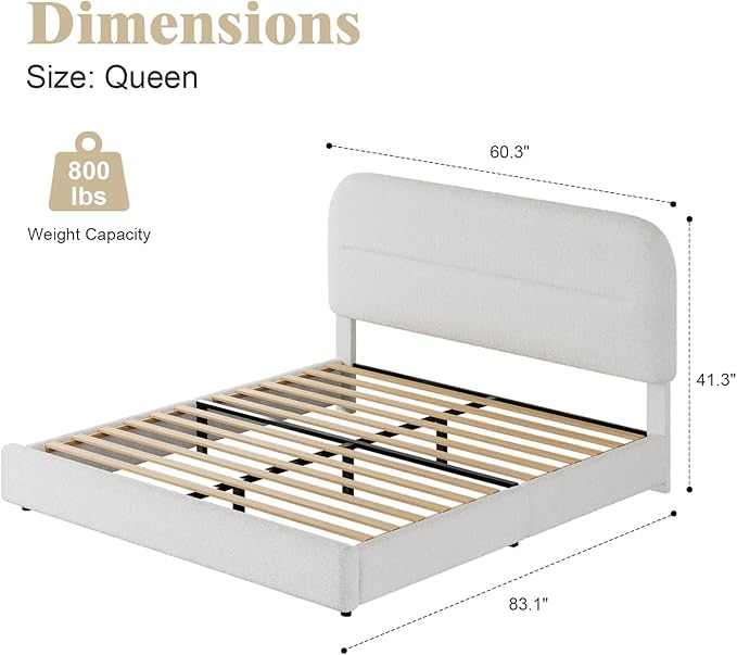 HOMBCK Queen Size Boucle Bed Frame, Upholstered Bed Frame Queen Size with Headboard, Soft Cloud Bed with Thickened Footboard, Rounded Corners, No Box Spring Needed, Easy Assembly, White