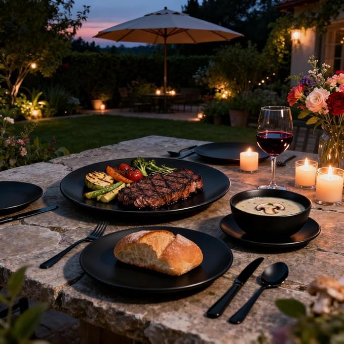 24 Piece Wheat Straw Dinnerware Set -Plates and Bowls Sets for 6 Black Unbreakable Dinner Plates Set Dishwasher Microwave Safe Reusable Plates for Picnic Birthday Camping