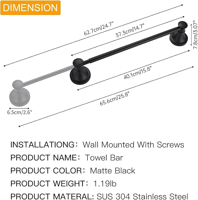BESy Adjustable Bronze 16 to 28 Inch Bath Towel Bar Rack for Bathroom Towel Holder, Wall Mounted Towel Bar Rod Hanger Bathroom Hardware Accessories Hotel Style, Stainless Steel, Matte Black