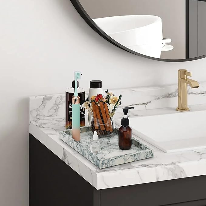 Marble Bathroom Tray,Pure Natural Vanity Tray,Marble Tray for Kitchen Counter Non-Ceramic/Non-Resin,Stone Trays 12 x 8 inch Cyan Green